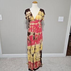 Style Biz Tie Dye V-Neck Maxi Dress Smocked Waist S